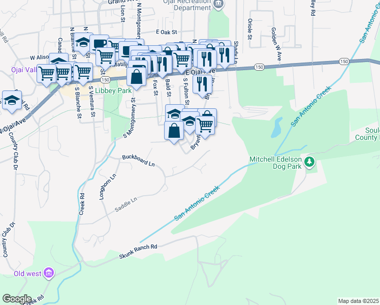 map of restaurants, bars, coffee shops, grocery stores, and more near 410 Bryant Circle in Ojai