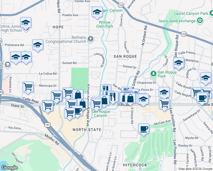 map of restaurants, bars, coffee shops, grocery stores, and more near 3735 San Remo Drive in Santa Barbara