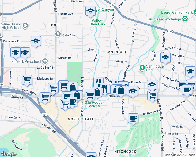 map of restaurants, bars, coffee shops, grocery stores, and more near 3737 San Remo Drive in Santa Barbara
