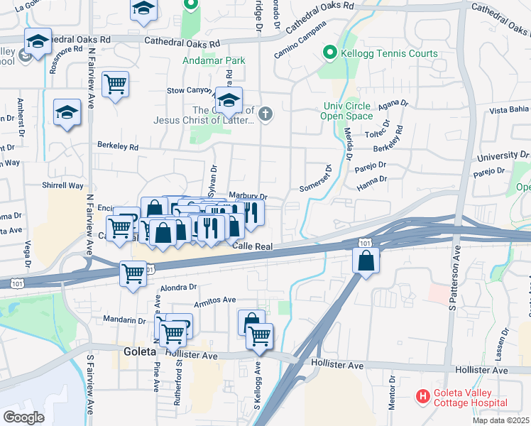map of restaurants, bars, coffee shops, grocery stores, and more near 169 North Kellogg Avenue in Goleta