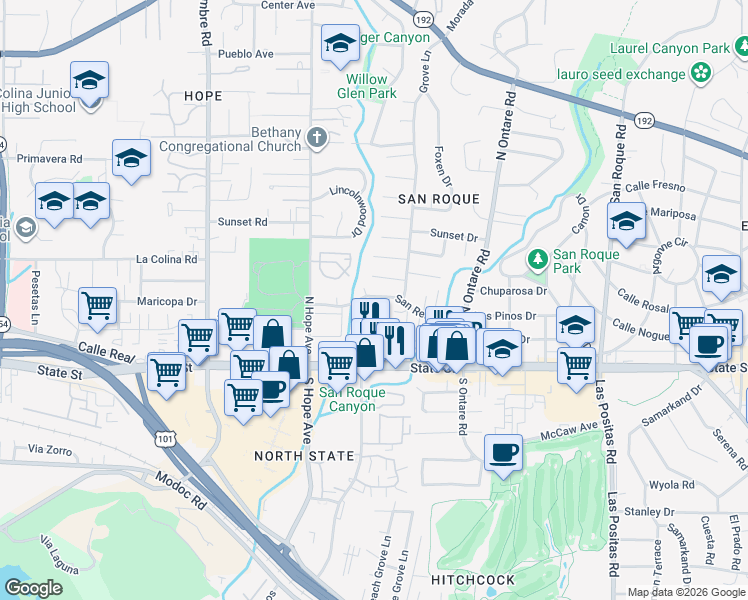 map of restaurants, bars, coffee shops, grocery stores, and more near 3735 San Remo Drive in Santa Barbara