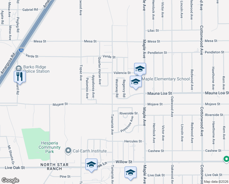 map of restaurants, bars, coffee shops, grocery stores, and more near 10594 Westway Road in Hesperia