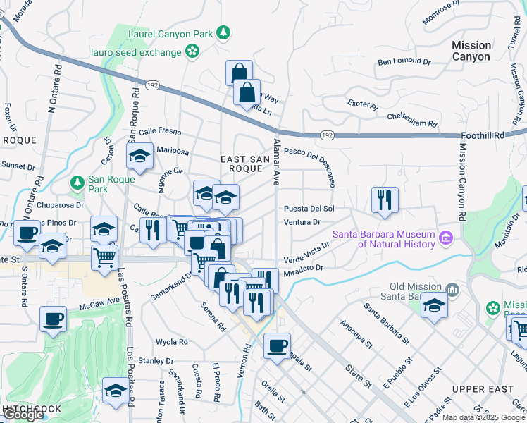 map of restaurants, bars, coffee shops, grocery stores, and more near 2912 Calle Noguera in Santa Barbara