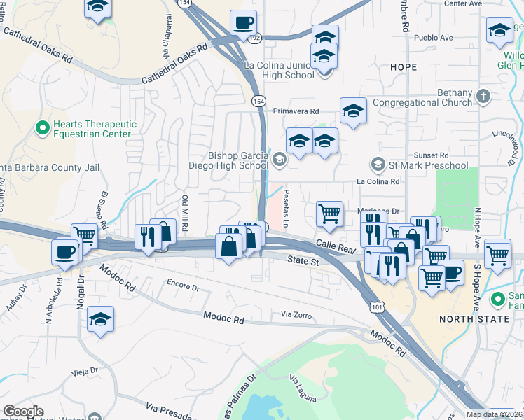 map of restaurants, bars, coffee shops, grocery stores, and more near 196 San Marcos Pass Road in Goleta
