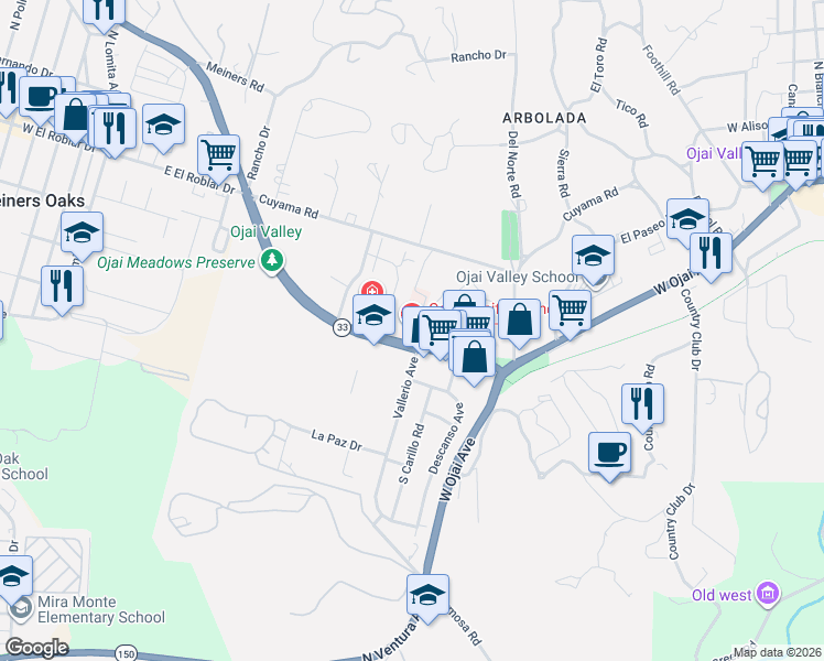 map of restaurants, bars, coffee shops, grocery stores, and more near 1306 Maricopa Highway in Ojai