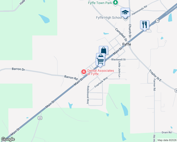 map of restaurants, bars, coffee shops, grocery stores, and more near 1462 Main Street in Fyffe