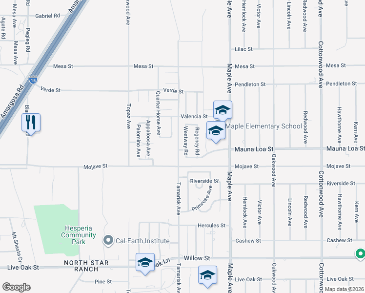 map of restaurants, bars, coffee shops, grocery stores, and more near 10578 Westway Road in Hesperia