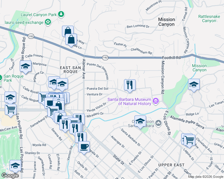 map of restaurants, bars, coffee shops, grocery stores, and more near 2824 Puesta Del Sol in Santa Barbara