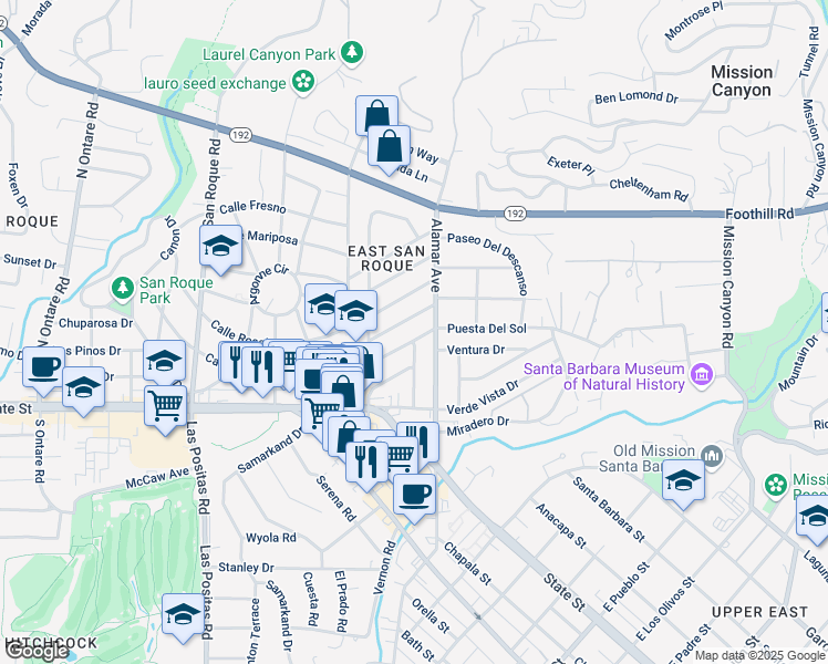 map of restaurants, bars, coffee shops, grocery stores, and more near 2912 Calle Noguera in Santa Barbara