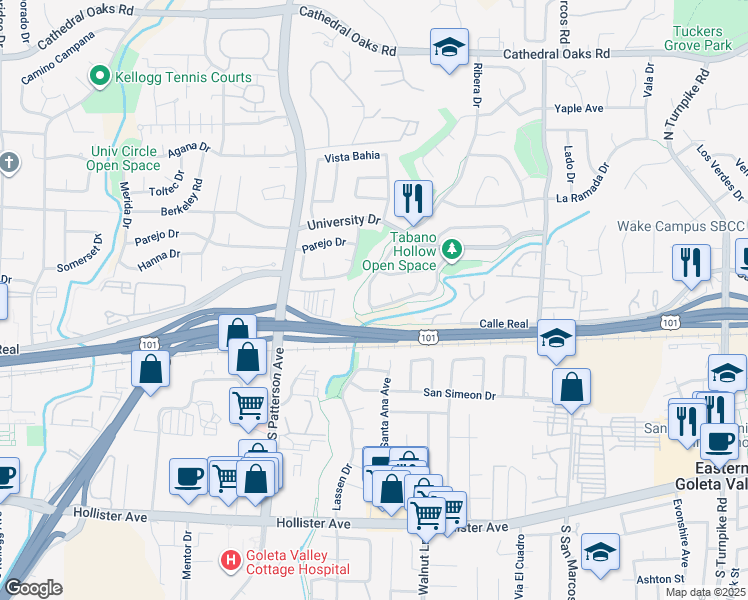 map of restaurants, bars, coffee shops, grocery stores, and more near 255 Ribera Drive in Santa Barbara