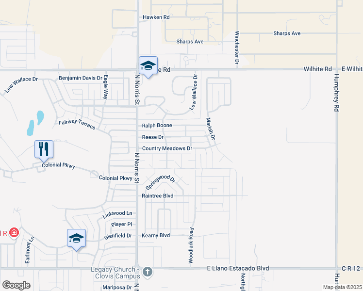 map of restaurants, bars, coffee shops, grocery stores, and more near 2220 Country Meadows Drive in Clovis