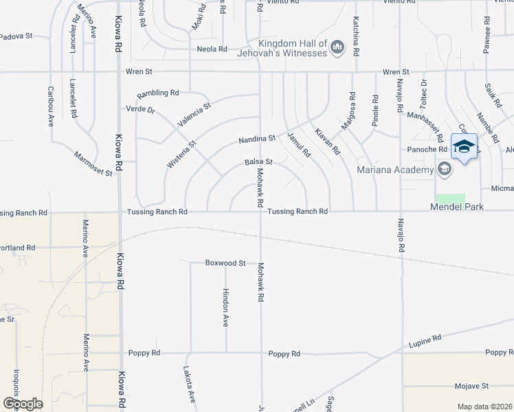 map of restaurants, bars, coffee shops, grocery stores, and more near 10516 Mohawk Road in Apple Valley