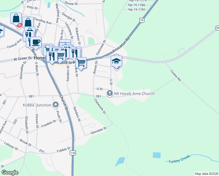 map of restaurants, bars, coffee shops, grocery stores, and more near 110 U Street in Honea Path
