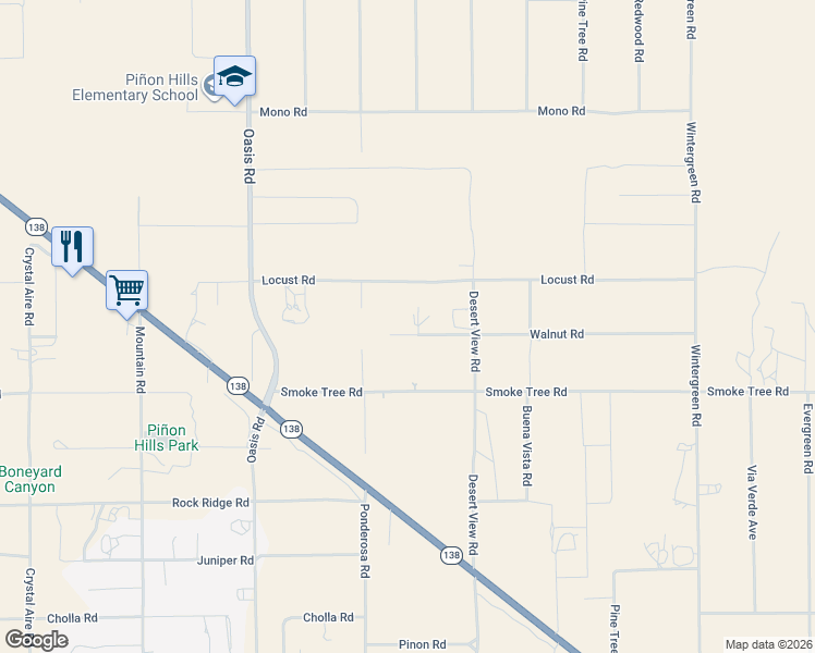 map of restaurants, bars, coffee shops, grocery stores, and more near 10626 Arena Road in Pinon Hills