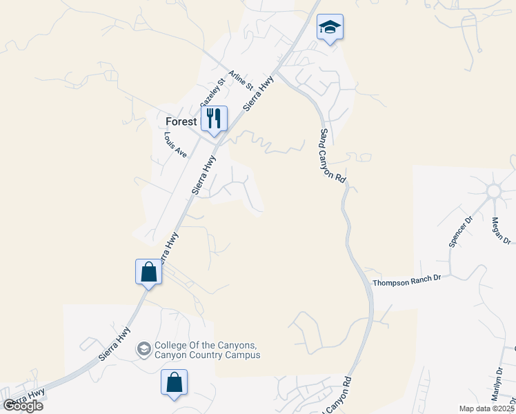 map of restaurants, bars, coffee shops, grocery stores, and more near 29458 Shannon Court in Santa Clarita