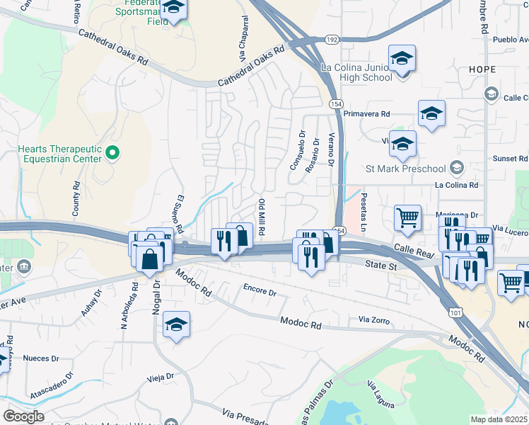 map of restaurants, bars, coffee shops, grocery stores, and more near 210 Old Mill Road in Goleta