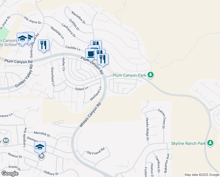 map of restaurants, bars, coffee shops, grocery stores, and more near 19292 Merryweather Drive in Santa Clarita