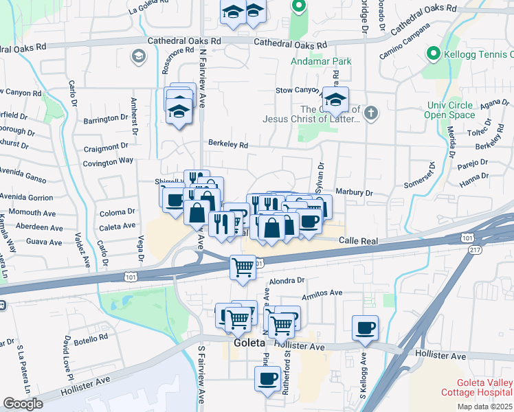 map of restaurants, bars, coffee shops, grocery stores, and more near 5839 Encina Road in Goleta
