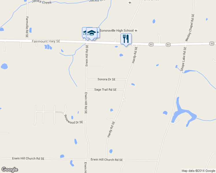 map of restaurants, bars, coffee shops, grocery stores, and more near 196 Sage Trail Road Southeast in Calhoun
