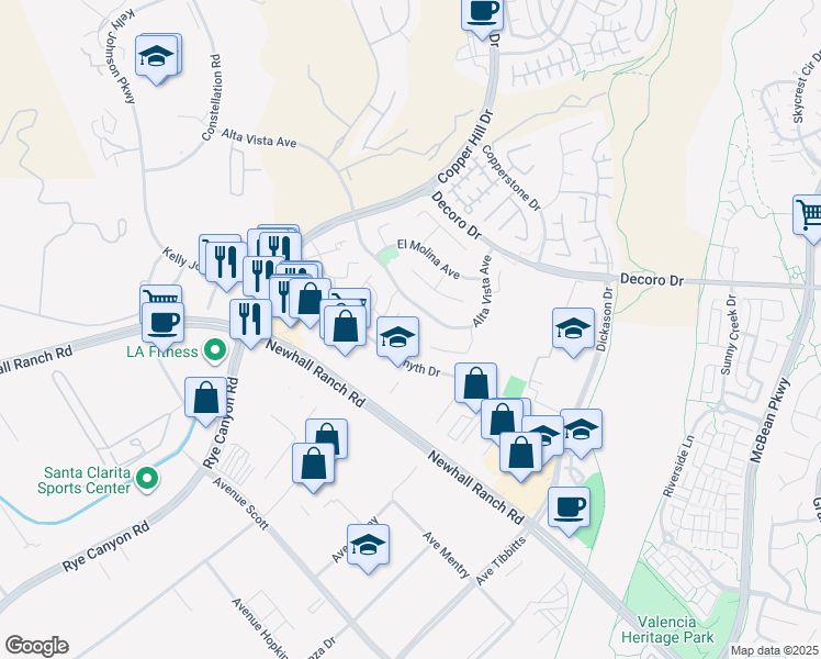 map of restaurants, bars, coffee shops, grocery stores, and more near 24321 Allori Way in Santa Clarita