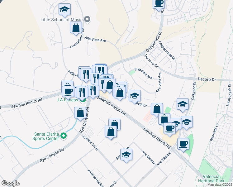 map of restaurants, bars, coffee shops, grocery stores, and more near 28053 Smyth Drive in Santa Clarita