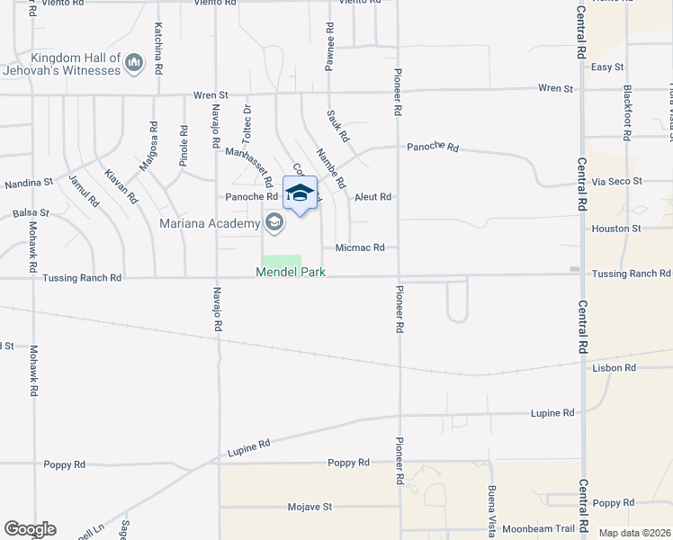 map of restaurants, bars, coffee shops, grocery stores, and more near 21962 Tussing Ranch Road in Apple Valley