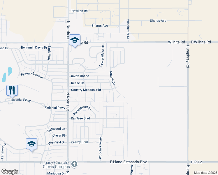 map of restaurants, bars, coffee shops, grocery stores, and more near 2320 Country Meadows Drive in Clovis
