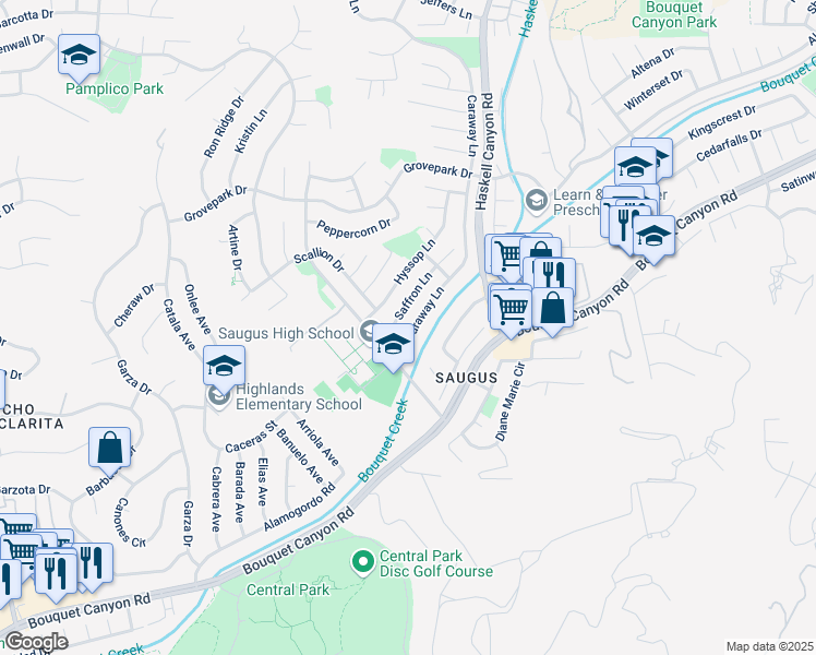 map of restaurants, bars, coffee shops, grocery stores, and more near 27538 Saffron Lane in Santa Clarita