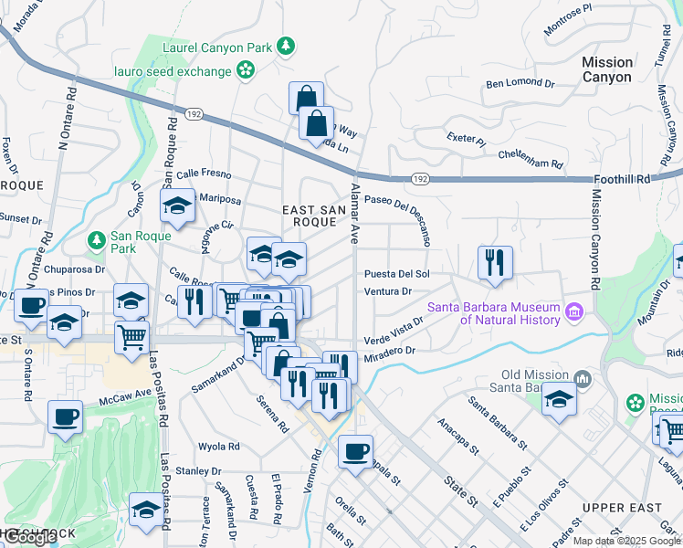 map of restaurants, bars, coffee shops, grocery stores, and more near 2912 Calle Noguera in Santa Barbara