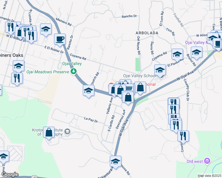 map of restaurants, bars, coffee shops, grocery stores, and more near 1320 Maricopa Highway in Ojai