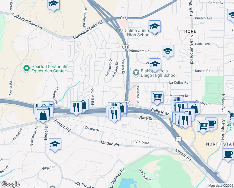 map of restaurants, bars, coffee shops, grocery stores, and more near 4228 Pozzo Circle in Santa Barbara