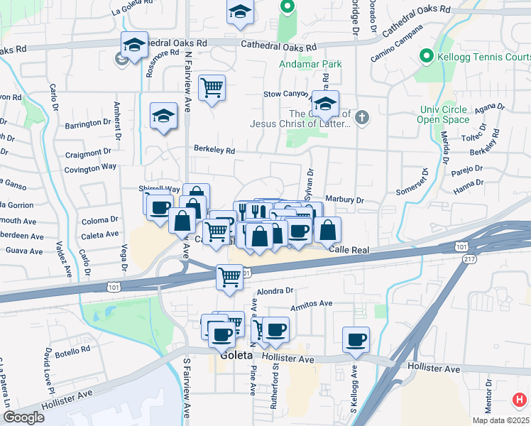 map of restaurants, bars, coffee shops, grocery stores, and more near 5788 Encina Road in Goleta