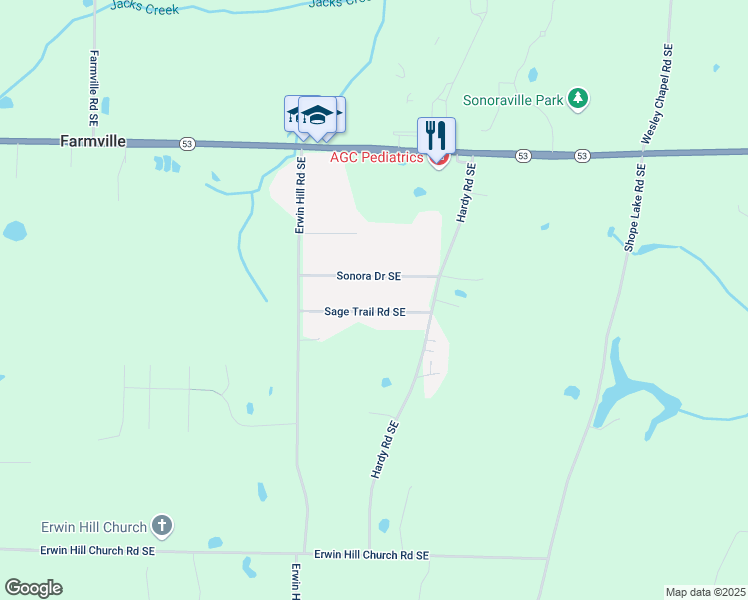 map of restaurants, bars, coffee shops, grocery stores, and more near 196 Sage Trail Road Southeast in Calhoun