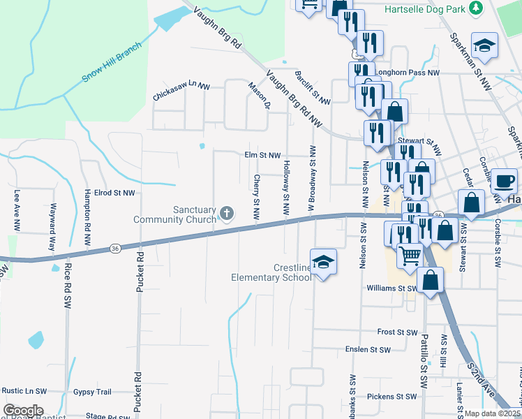 map of restaurants, bars, coffee shops, grocery stores, and more near 208 Cherry Street Northwest in Hartselle