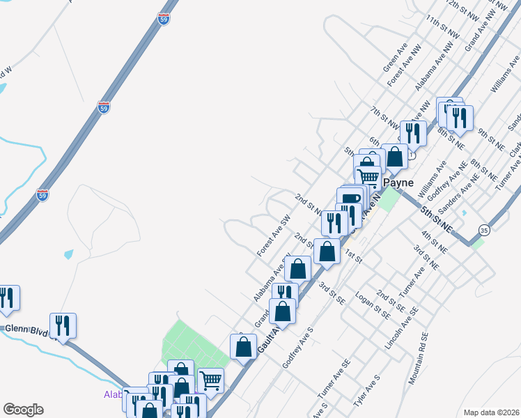 map of restaurants, bars, coffee shops, grocery stores, and more near 207 Wilson Drive in Fort Payne