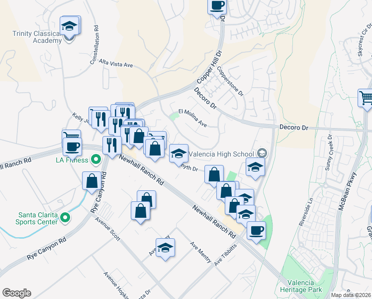 map of restaurants, bars, coffee shops, grocery stores, and more near 24321 Allori Way in Santa Clarita
