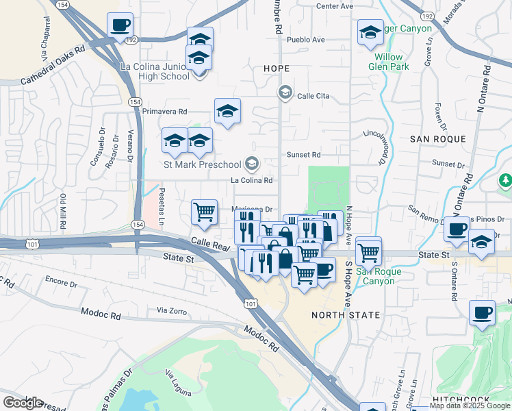 map of restaurants, bars, coffee shops, grocery stores, and more near 3934 Maricopa Drive in Santa Barbara