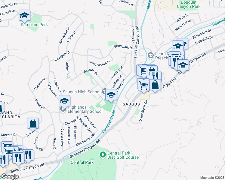 map of restaurants, bars, coffee shops, grocery stores, and more near 27538 Saffron Ln in Santa Clarita