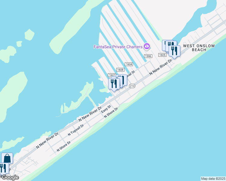 map of restaurants, bars, coffee shops, grocery stores, and more near 912 Broadway Street in Surf City