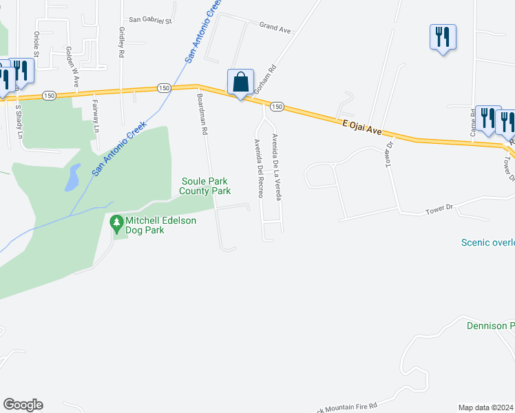 map of restaurants, bars, coffee shops, grocery stores, and more near 537 Avenida Del Recreo in Ojai