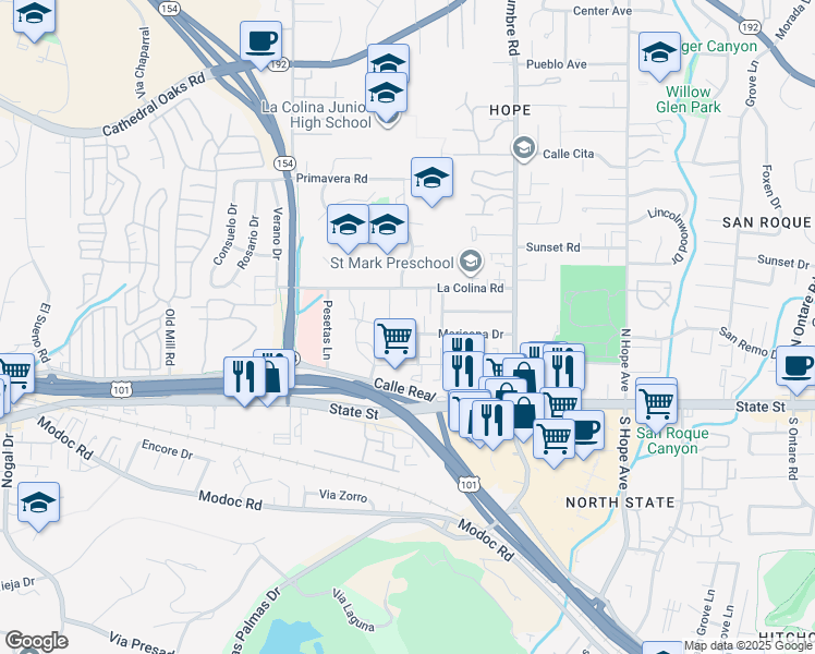 map of restaurants, bars, coffee shops, grocery stores, and more near 3994 Maricopa Drive in Santa Barbara
