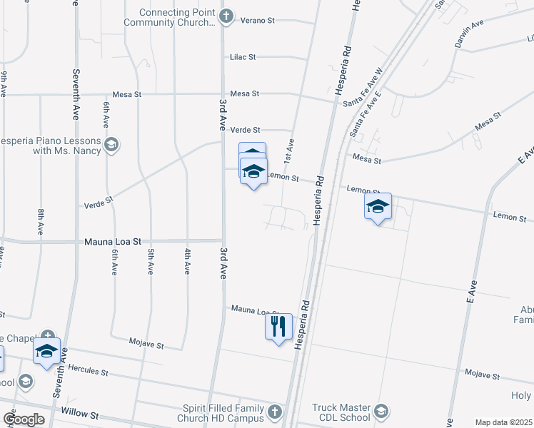 map of restaurants, bars, coffee shops, grocery stores, and more near Lemon Street in Hesperia