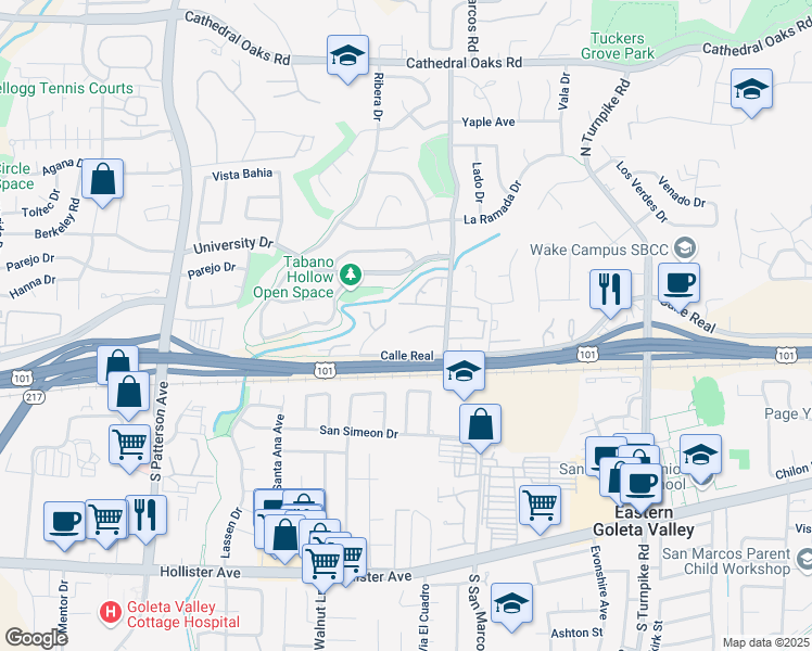 map of restaurants, bars, coffee shops, grocery stores, and more near 53 North San Marcos Road in Santa Barbara