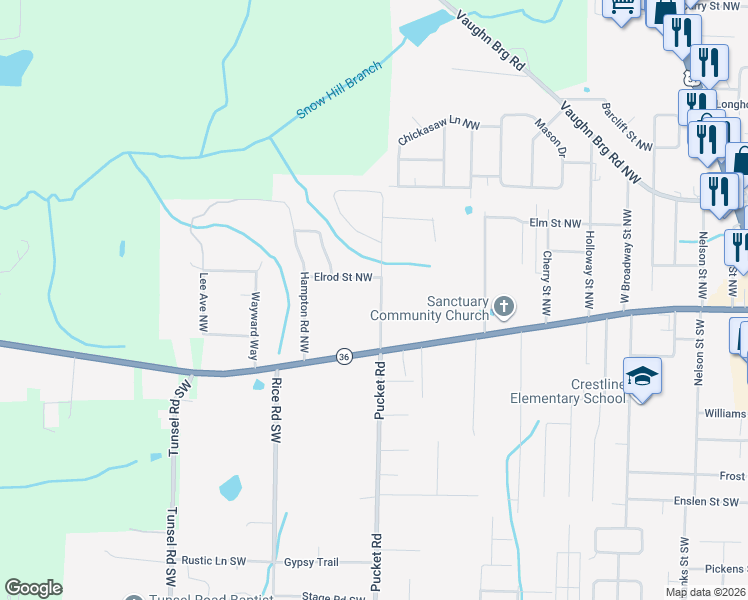 map of restaurants, bars, coffee shops, grocery stores, and more near 235 Shaw Road Northwest in Hartselle