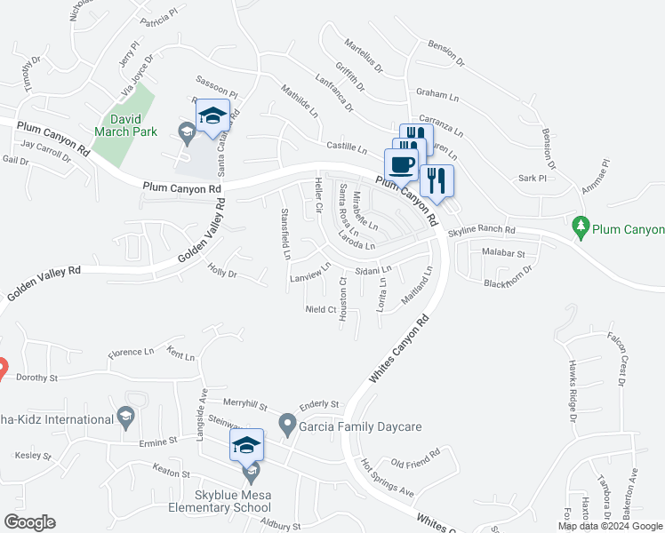 map of restaurants, bars, coffee shops, grocery stores, and more near 19606 Lanview Lane in Santa Clarita