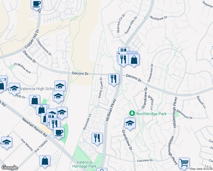 map of restaurants, bars, coffee shops, grocery stores, and more near 27649 North Weeping Willow Drive in Santa Clarita