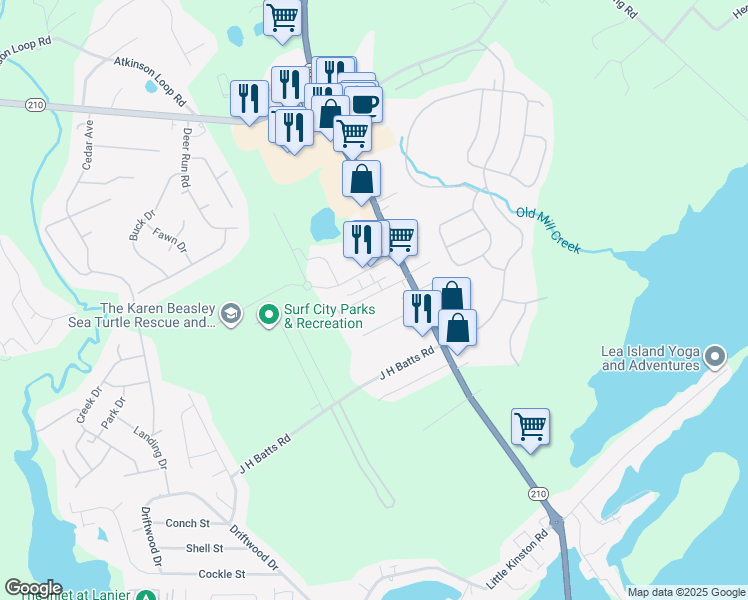 map of restaurants, bars, coffee shops, grocery stores, and more near 202 Triton Lane in Surf City