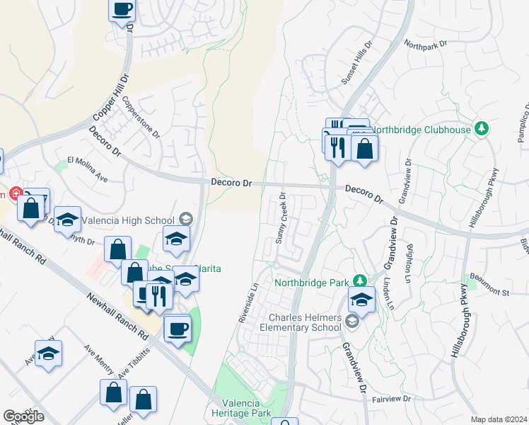 map of restaurants, bars, coffee shops, grocery stores, and more near 27639 Cobblestone Court in Los Angeles County