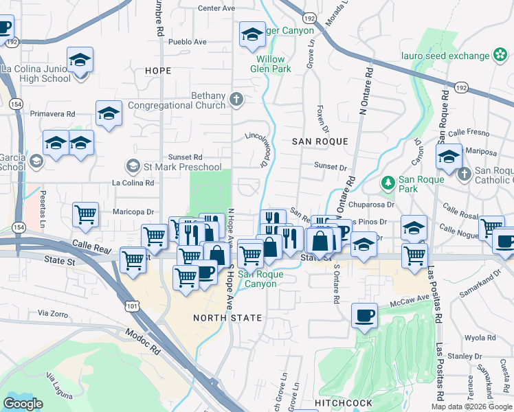 map of restaurants, bars, coffee shops, grocery stores, and more near 3746 San Remo Drive in Santa Barbara