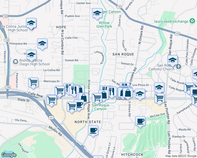 map of restaurants, bars, coffee shops, grocery stores, and more near 3746 San Remo Drive in Santa Barbara